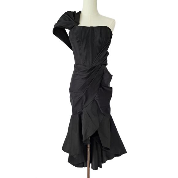 NEW TARIK EDIZ Black Merla Formal Dress Size 4 One Shoulder Ruffle Hem Corset - Picture 2 of 13